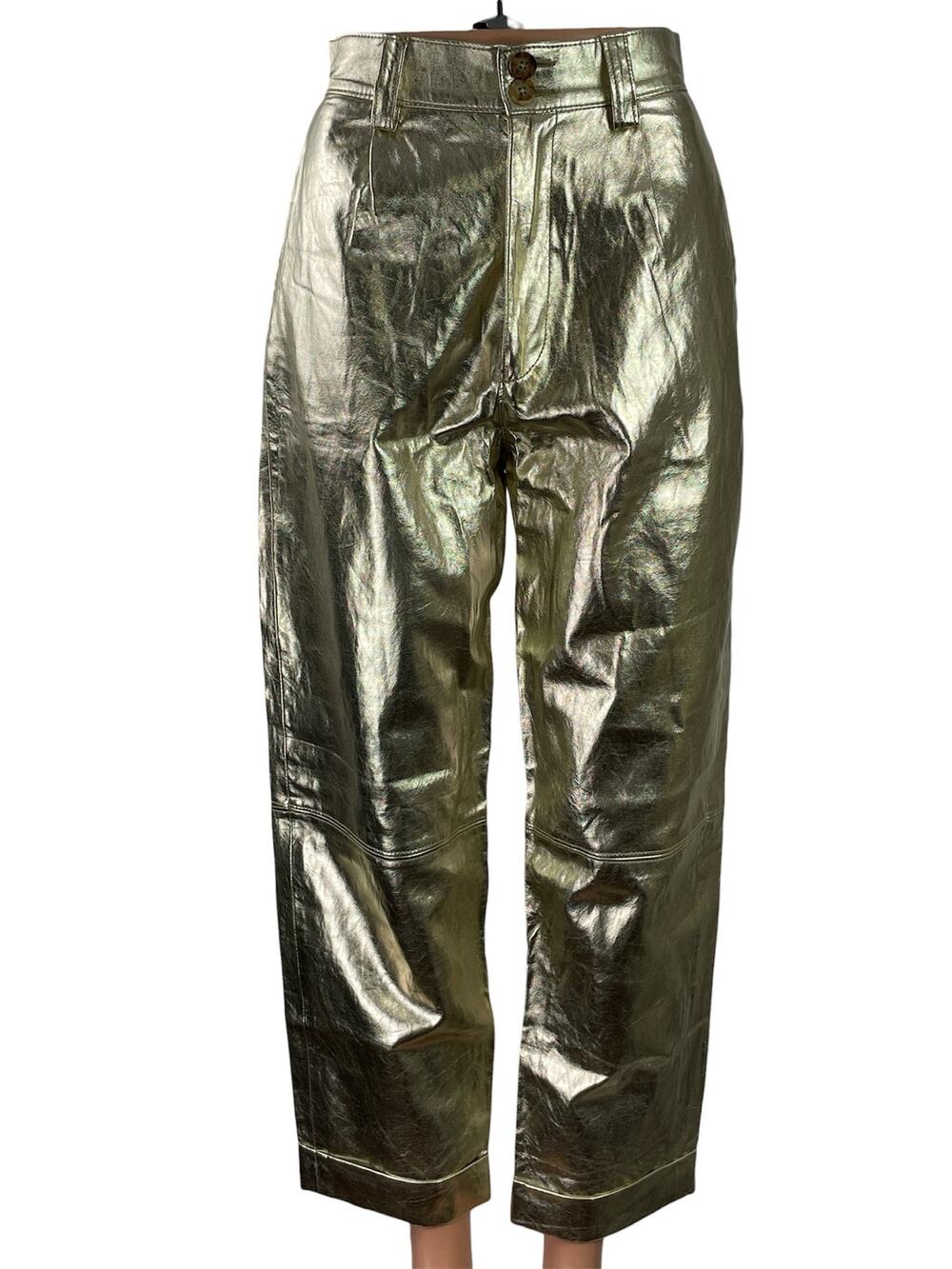 Zara Womens Gold Metallic High Rise Wide Leg Barrel Baggy Trousers Pants Size XS
